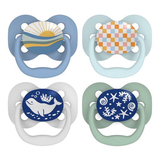 Advantage Baby Pacifier, Fully Symmetrical, Silicone Bulb, 0-6M, BPA Free, Sunrise/Glow, 4 Pack