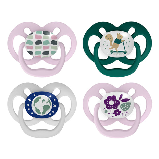 Advantage Baby Pacifier, Fully Symmetrical, Silicone Bulb, 6-18M, BPA Free, Squirrel/Glow, 4 Pack